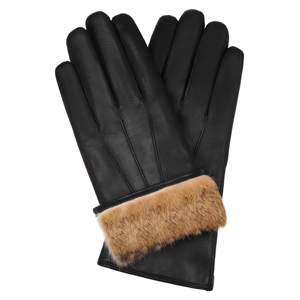 FI-12017.jpg Black Leather Gloves with Brown Faux Fur Cuff – Winter Elegance Redefined - Image 1